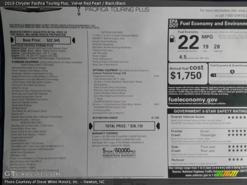 Velvet Red Pearl / Black/Black 2019 Chrysler Pacifica Touring Plus