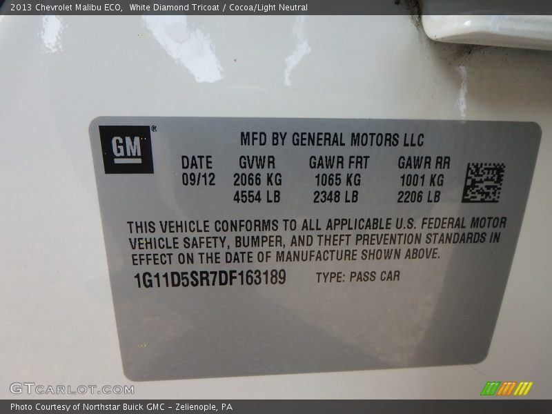 White Diamond Tricoat / Cocoa/Light Neutral 2013 Chevrolet Malibu ECO