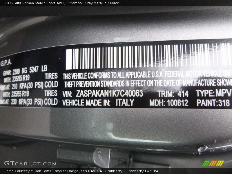 Stromboli Gray Metallic / Black 2019 Alfa Romeo Stelvio Sport AWD