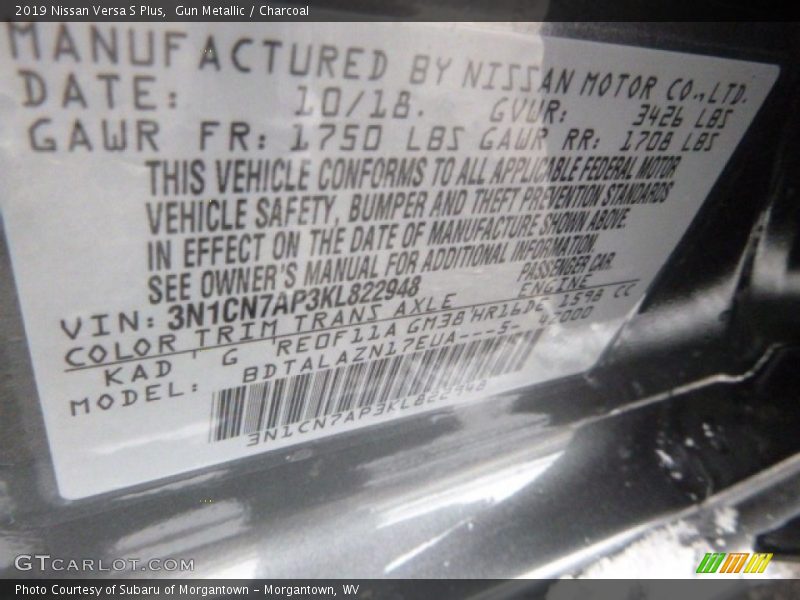 Gun Metallic / Charcoal 2019 Nissan Versa S Plus