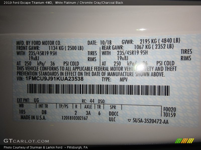 2019 Escape Titanium 4WD White Platinum Color Code UG
