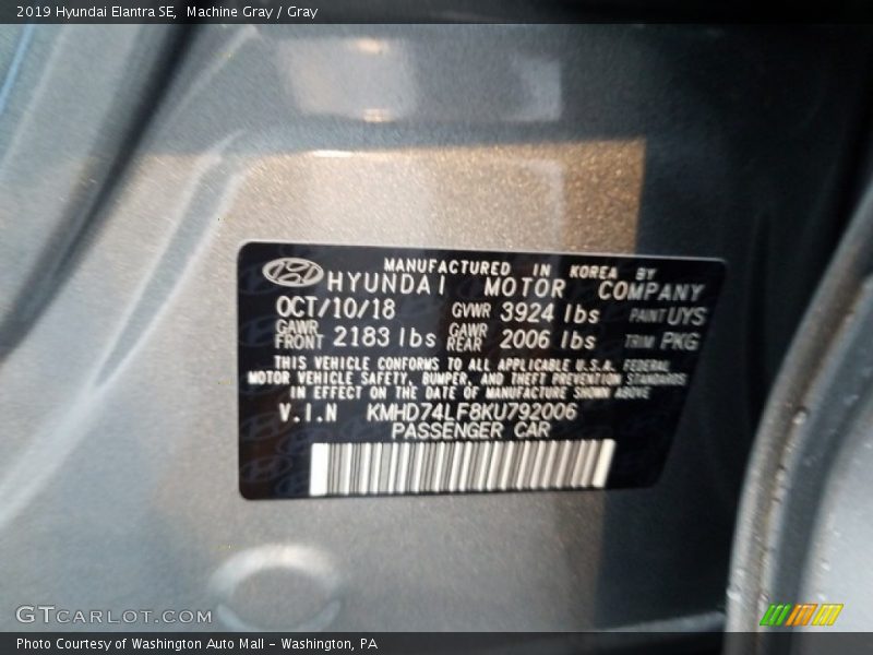 Machine Gray / Gray 2019 Hyundai Elantra SE