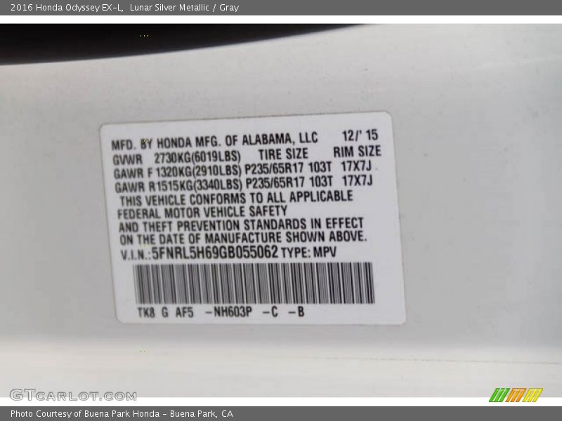 Lunar Silver Metallic / Gray 2016 Honda Odyssey EX-L