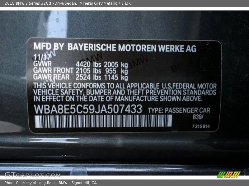 2018 3 Series 328d xDrive Sedan Mineral Grey Metallic Color Code B39