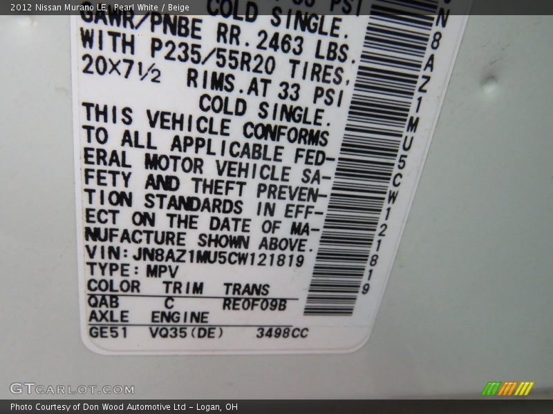 Pearl White / Beige 2012 Nissan Murano LE