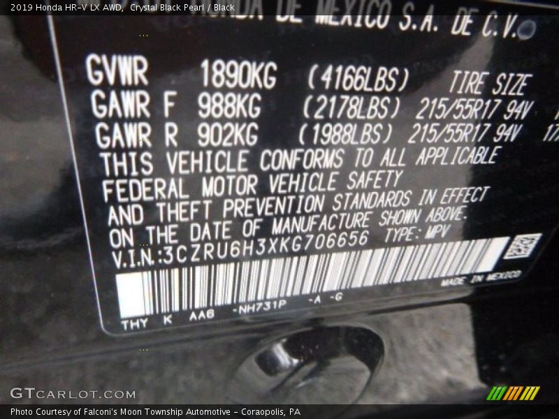 2019 HR-V LX AWD Crystal Black Pearl Color Code NH731P