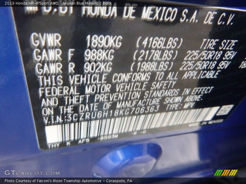 2019 HR-V Sport AWD Aegean Blue Metallic Color Code B593M