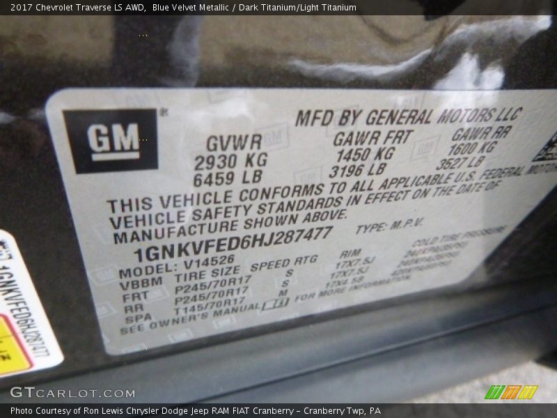 Blue Velvet Metallic / Dark Titanium/Light Titanium 2017 Chevrolet Traverse LS AWD