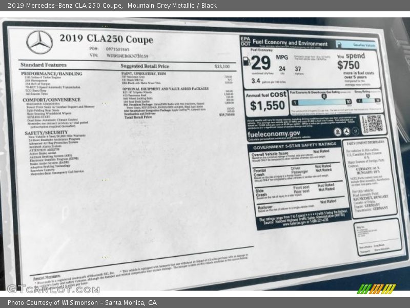 Mountain Grey Metallic / Black 2019 Mercedes-Benz CLA 250 Coupe