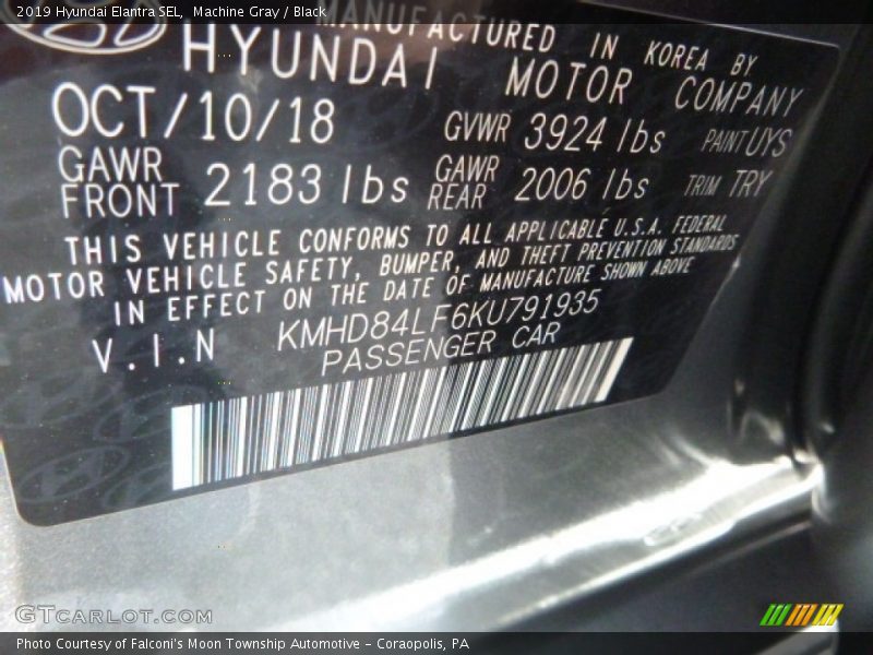 Machine Gray / Black 2019 Hyundai Elantra SEL