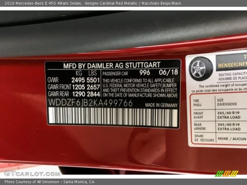 2019 E 450 4Matic Sedan designo Cardinal Red Metallic Color Code 996