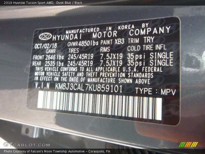 2019 Tucson Sport AWD Dusk Blue Color Code XB3