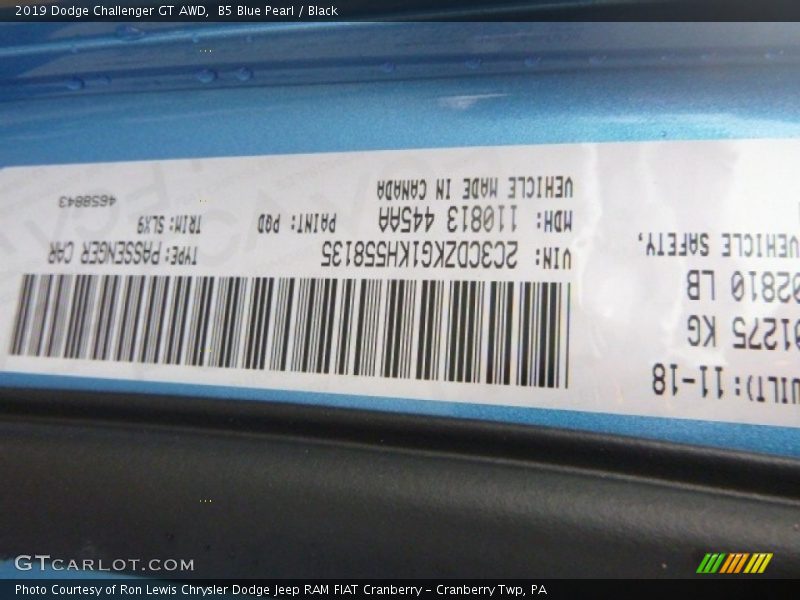 B5 Blue Pearl / Black 2019 Dodge Challenger GT AWD
