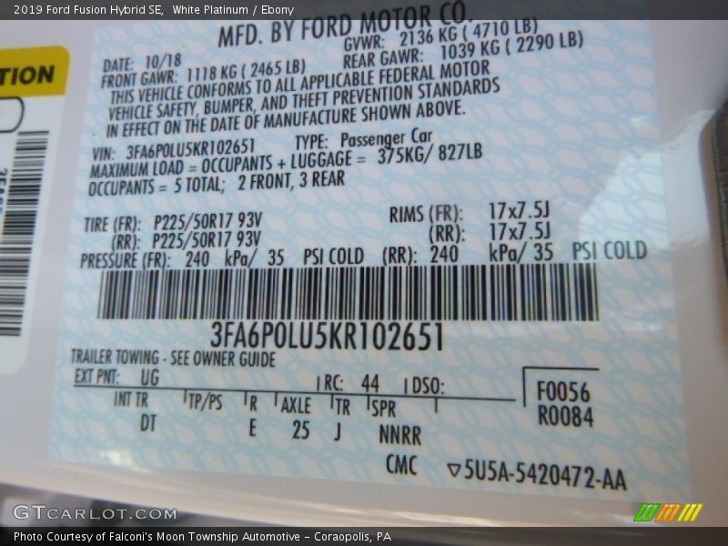 2019 Fusion Hybrid SE White Platinum Color Code UG
