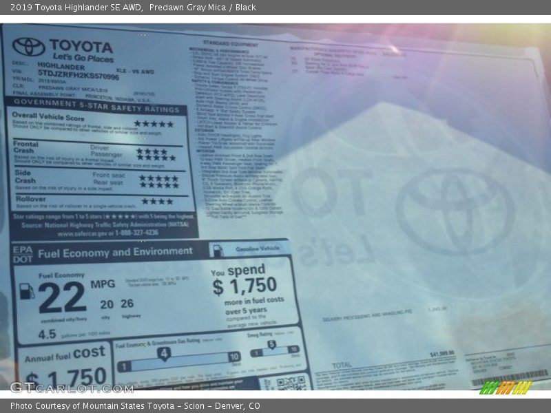 Predawn Gray Mica / Black 2019 Toyota Highlander SE AWD
