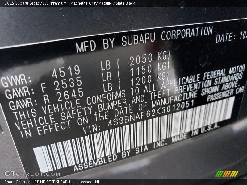 Magnetite Gray Metallic / Slate Black 2019 Subaru Legacy 2.5i Premium