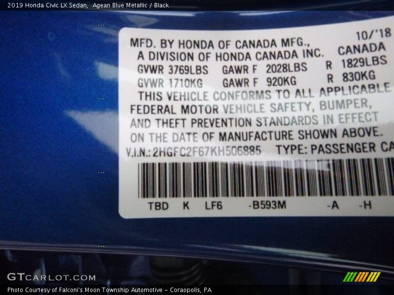 Agean Blue Metallic / Black 2019 Honda Civic LX Sedan