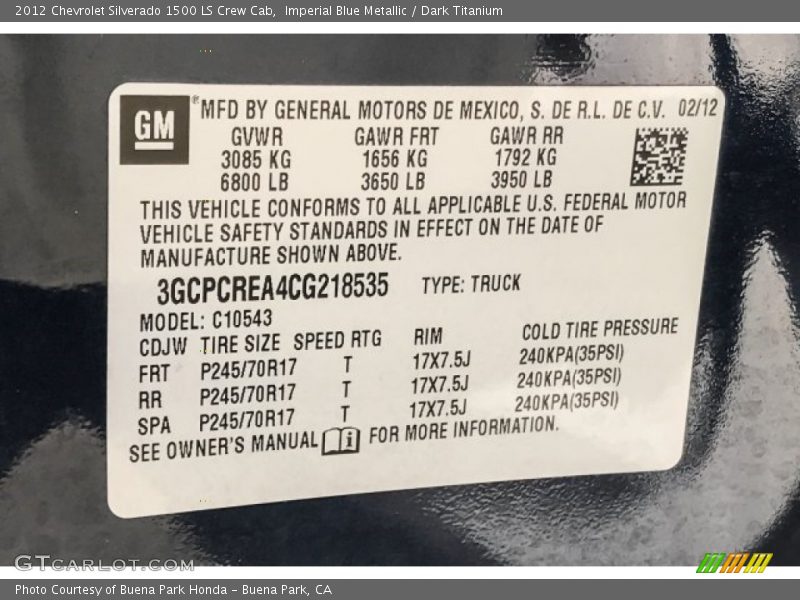 Imperial Blue Metallic / Dark Titanium 2012 Chevrolet Silverado 1500 LS Crew Cab