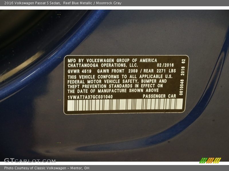Reef Blue Metallic / Moonrock Gray 2016 Volkswagen Passat S Sedan