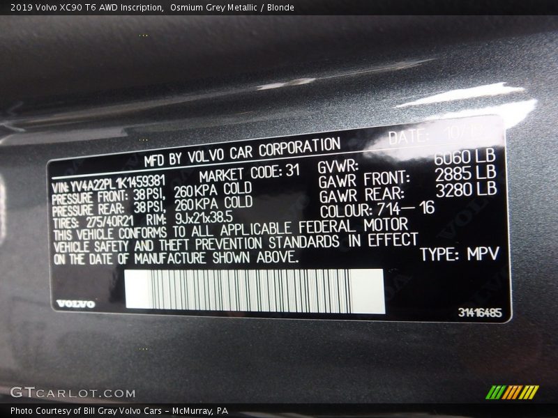 Osmium Grey Metallic / Blonde 2019 Volvo XC90 T6 AWD Inscription