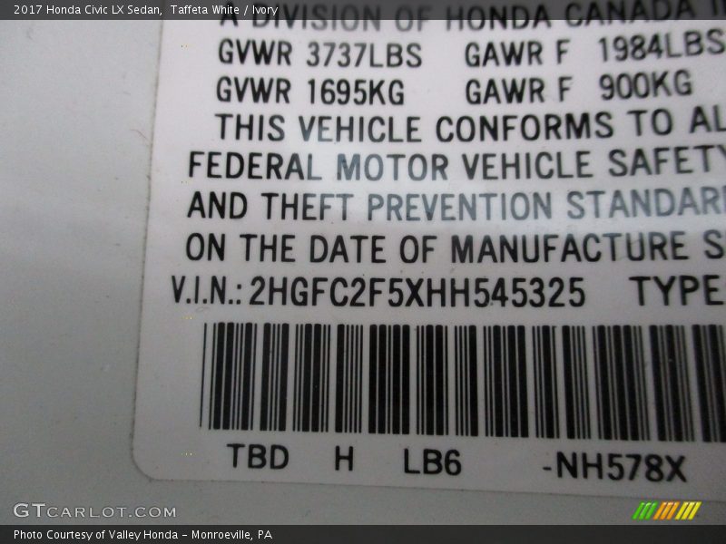 Taffeta White / Ivory 2017 Honda Civic LX Sedan
