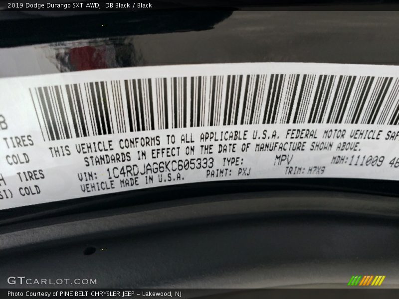 2019 Durango SXT AWD DB Black Color Code PXJ