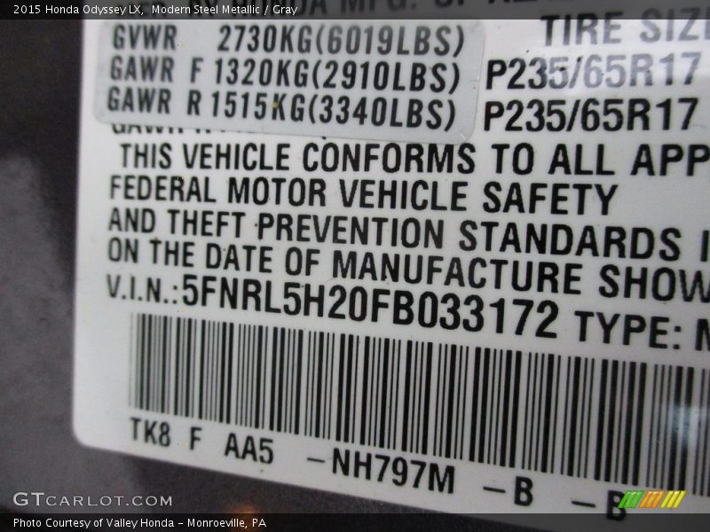 Modern Steel Metallic / Gray 2015 Honda Odyssey LX