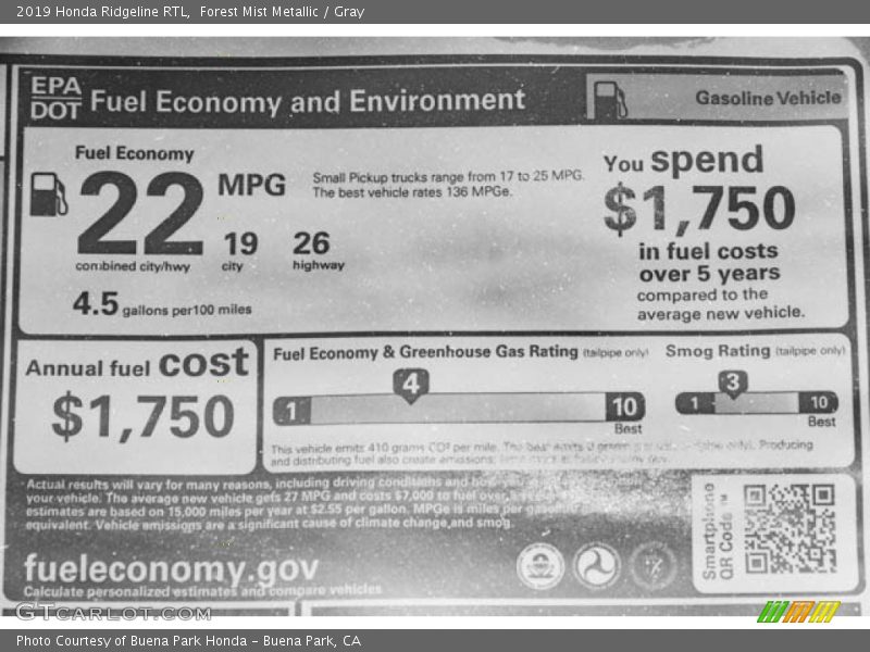 Info Tag of 2019 Ridgeline RTL