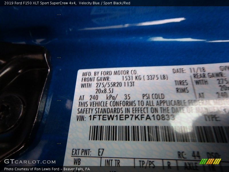 2019 F150 XLT Sport SuperCrew 4x4 Velocity Blue Color Code E7