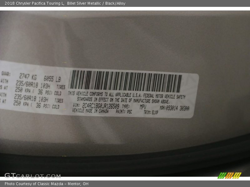 Billet Silver Metallic / Black/Alloy 2018 Chrysler Pacifica Touring L
