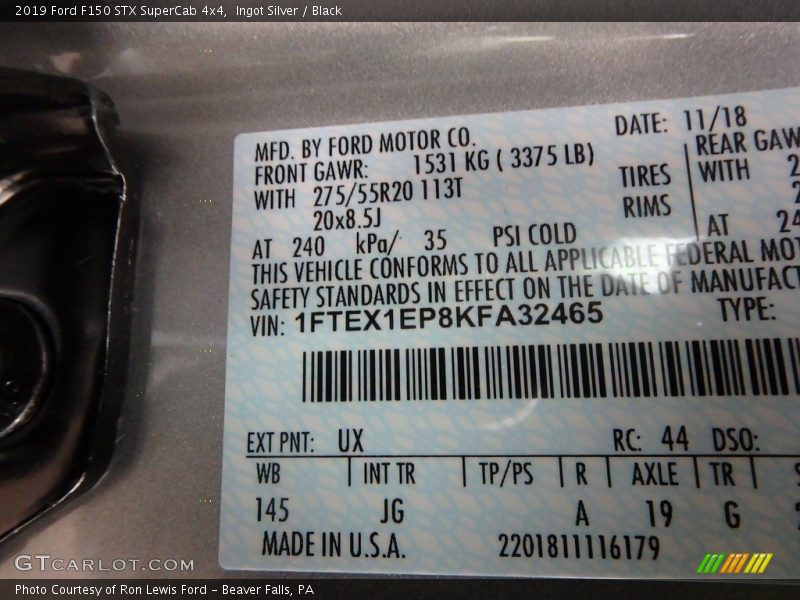 2019 F150 STX SuperCab 4x4 Ingot Silver Color Code UX