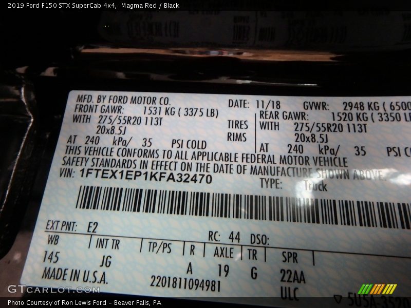 2019 F150 STX SuperCab 4x4 Magma Red Color Code E2