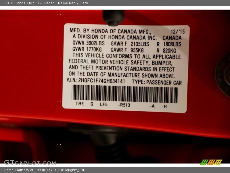 Rallye Red / Black 2016 Honda Civic EX-L Sedan