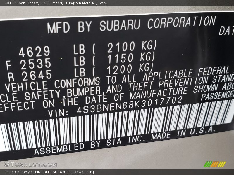 Tungsten Metallic / Ivory 2019 Subaru Legacy 3.6R Limited