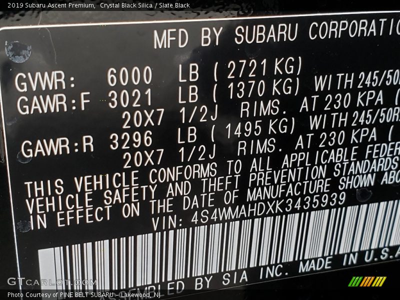 Crystal Black Silica / Slate Black 2019 Subaru Ascent Premium