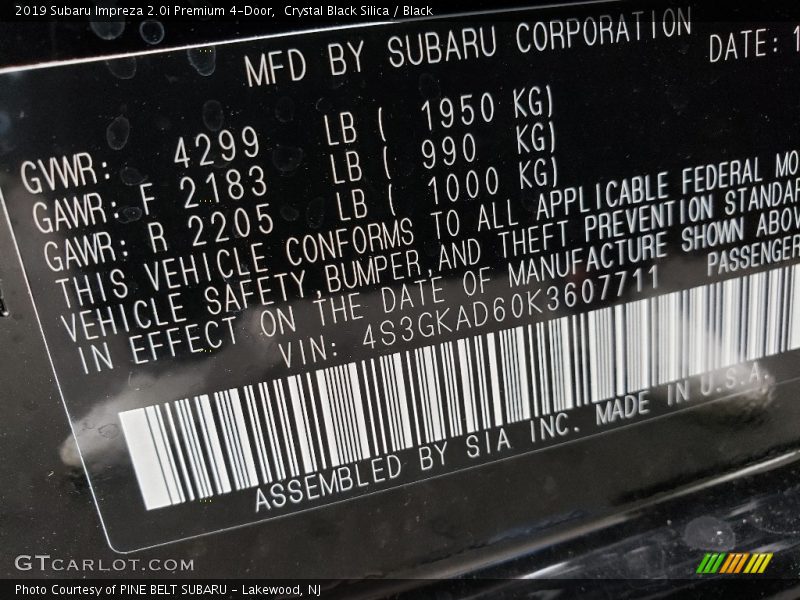 Crystal Black Silica / Black 2019 Subaru Impreza 2.0i Premium 4-Door