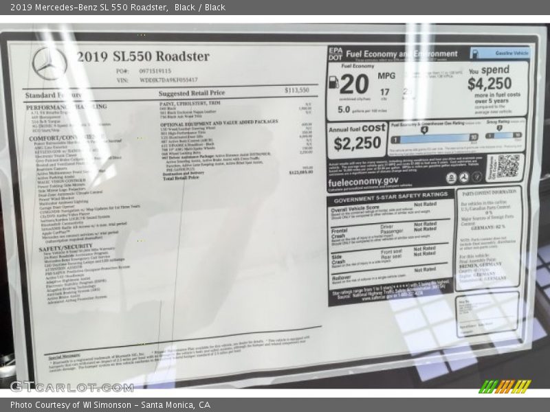  2019 SL 550 Roadster Window Sticker