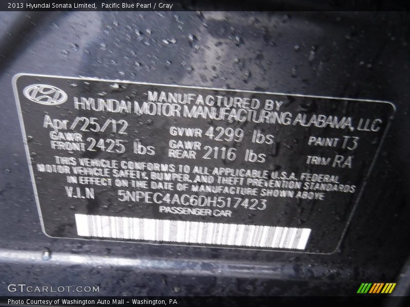 Pacific Blue Pearl / Gray 2013 Hyundai Sonata Limited