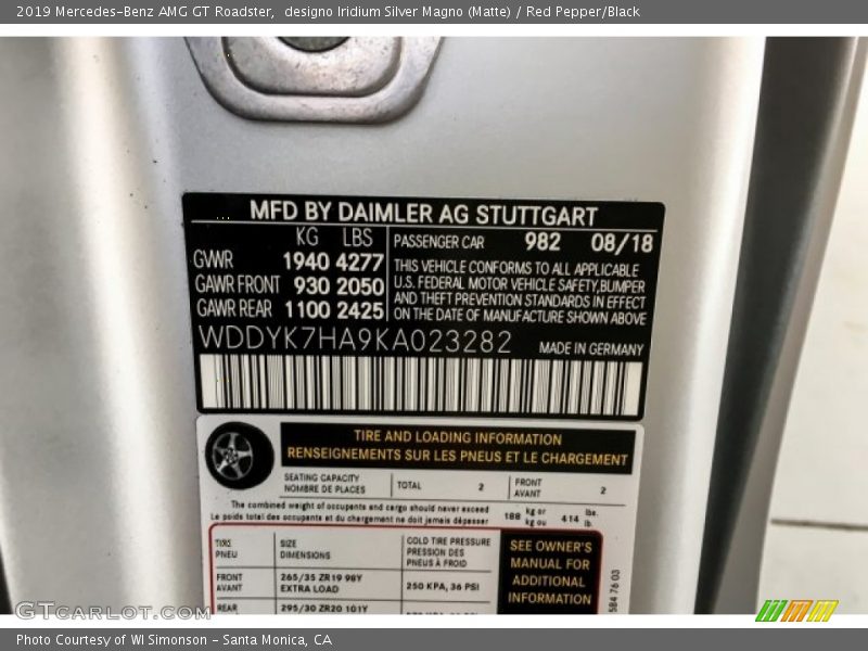 2019 AMG GT Roadster designo Iridium Silver Magno (Matte) Color Code 982