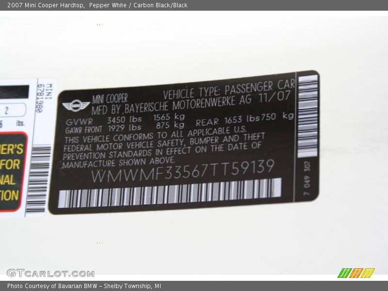 Pepper White / Carbon Black/Black 2007 Mini Cooper Hardtop