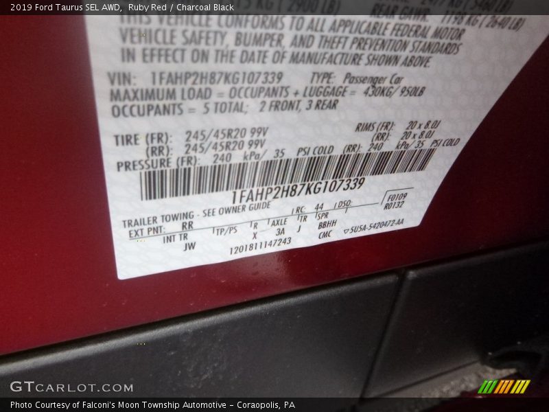 2019 Taurus SEL AWD Ruby Red Color Code RR