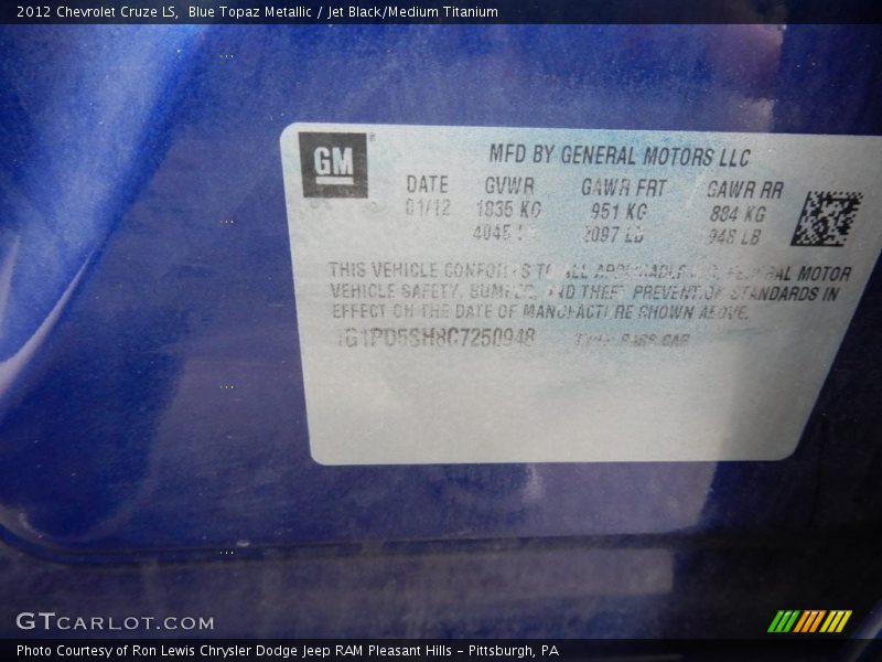 Blue Topaz Metallic / Jet Black/Medium Titanium 2012 Chevrolet Cruze LS
