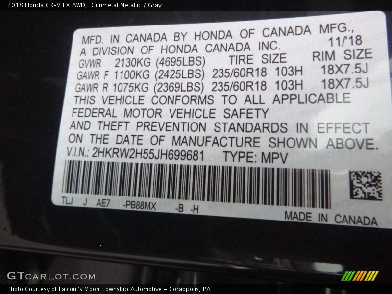 Gunmetal Metallic / Gray 2018 Honda CR-V EX AWD