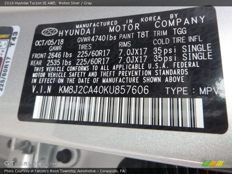 Molten Silver / Gray 2019 Hyundai Tucson SE AWD