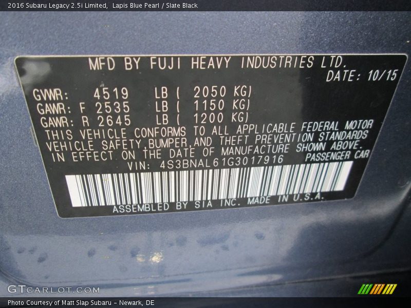 Lapis Blue Pearl / Slate Black 2016 Subaru Legacy 2.5i Limited