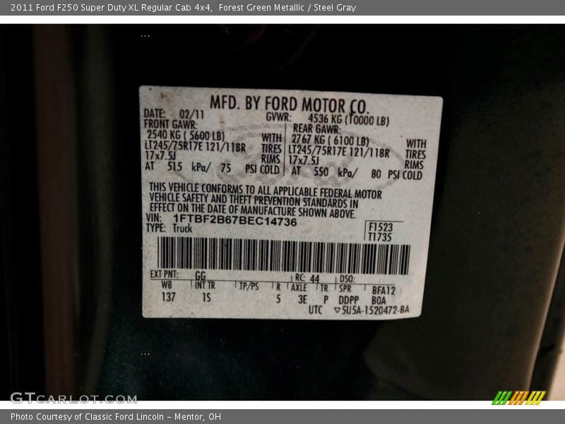 Forest Green Metallic / Steel Gray 2011 Ford F250 Super Duty XL Regular Cab 4x4