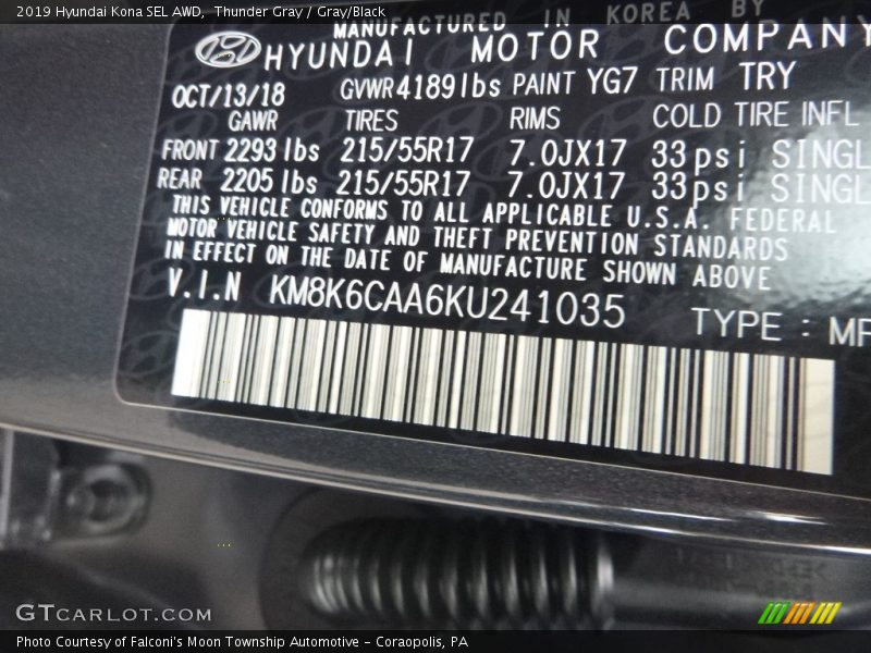 2019 Kona SEL AWD Thunder Gray Color Code YG7