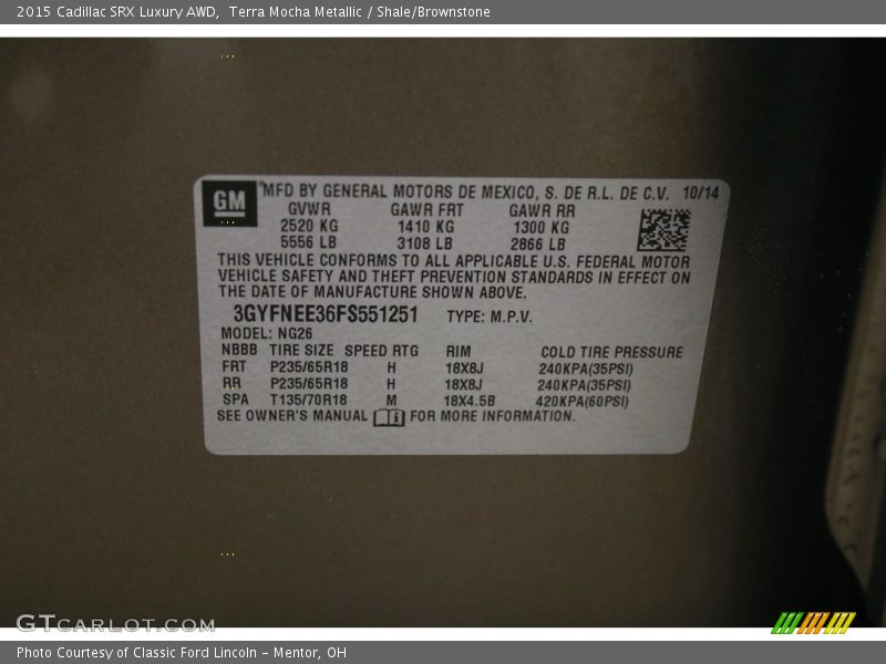 Terra Mocha Metallic / Shale/Brownstone 2015 Cadillac SRX Luxury AWD