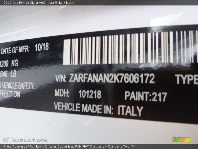 2019 Giulia AWD Alfa White Color Code 217