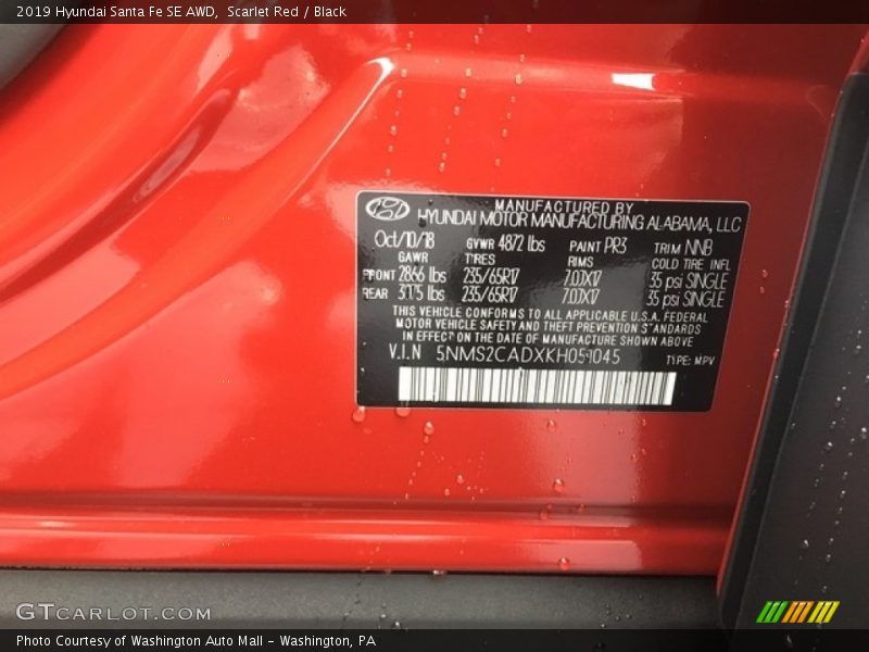 Scarlet Red / Black 2019 Hyundai Santa Fe SE AWD